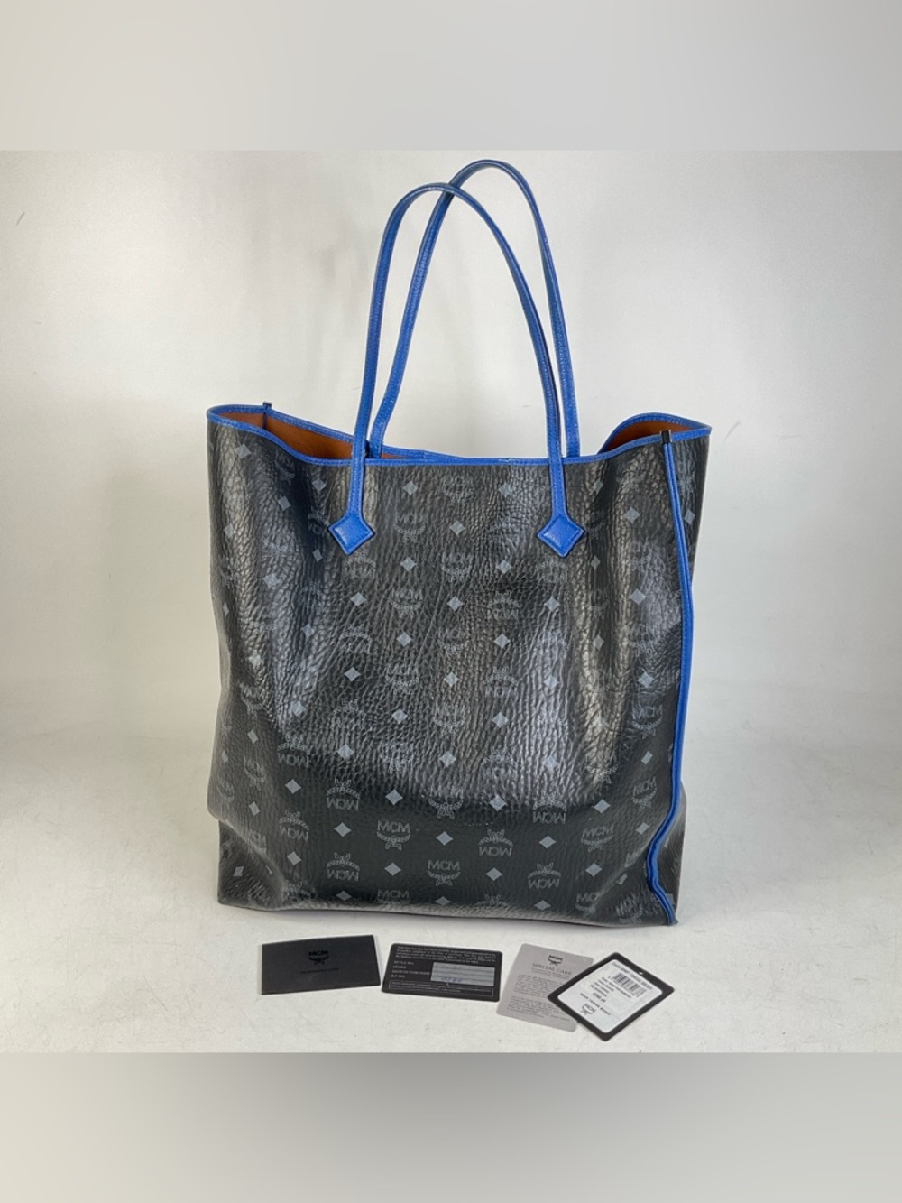 MCM Metallic Visetos Large Kira Shopper Tote Black Blue